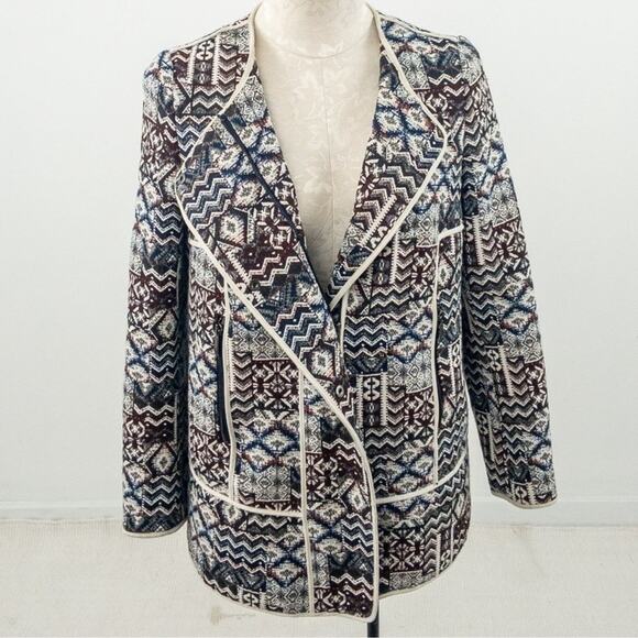 Zara Basic Patchwork Motorcycle Longline Blazer Jacket sz XS Tapestry Jacquard - Picture 1 of 8